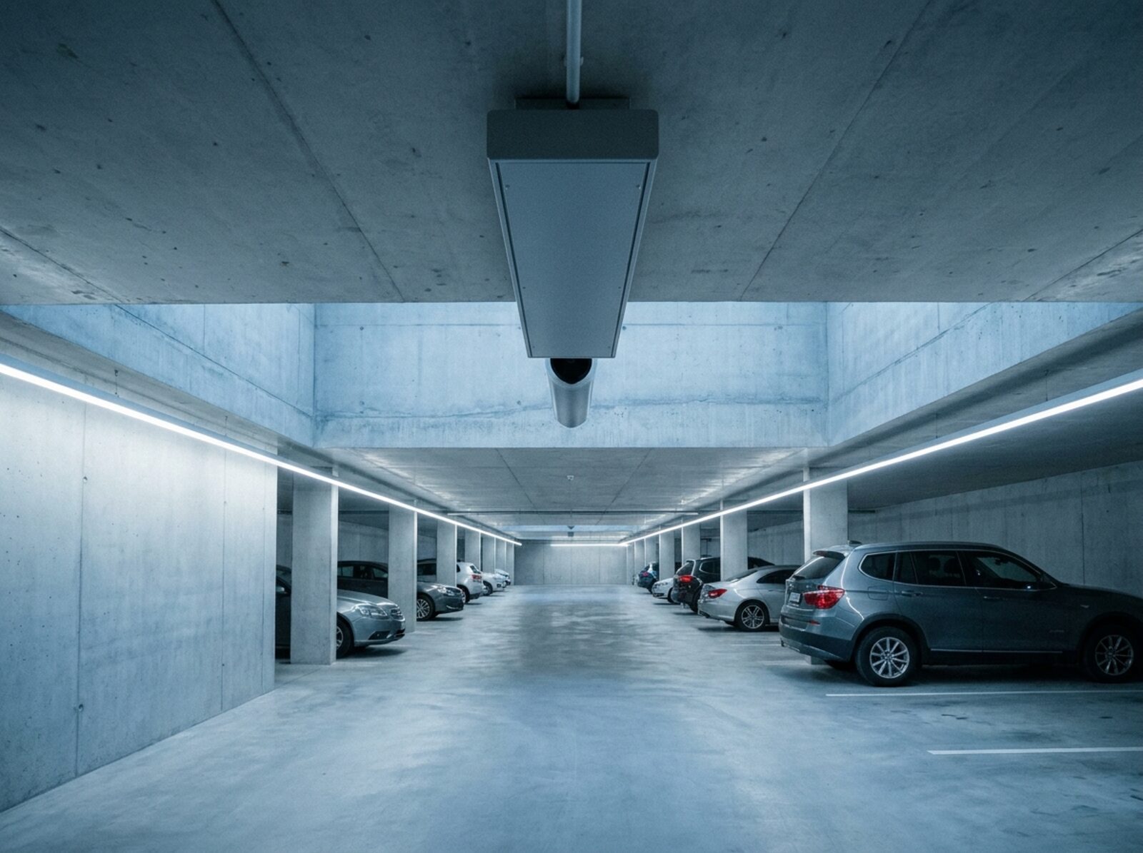 A jet fan mounted to the soffit of an underground car park, nozzle directed along the drive aisle