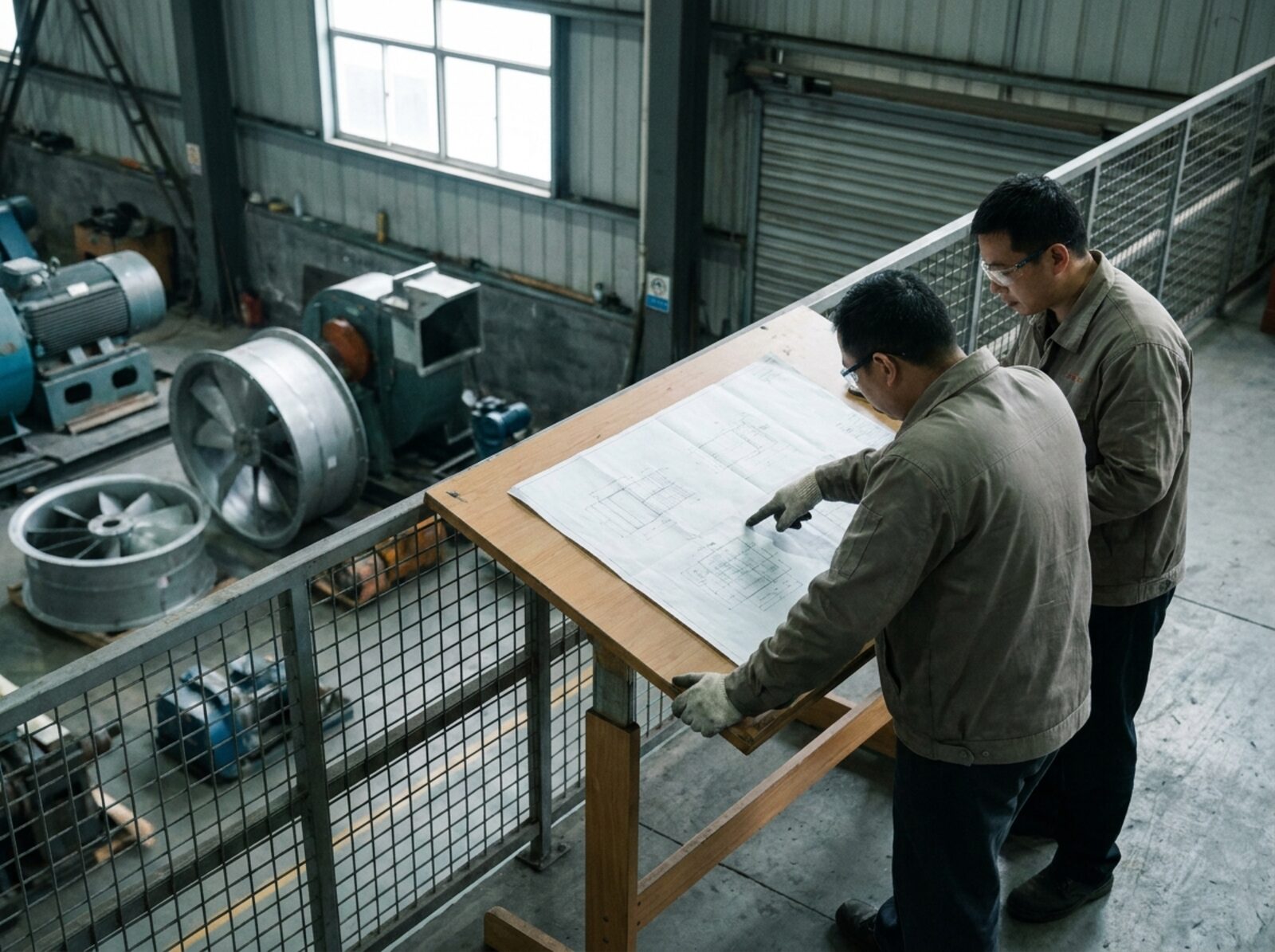 Two engineers reviewing a technical drawing at a standing desk overlooking the factory floor