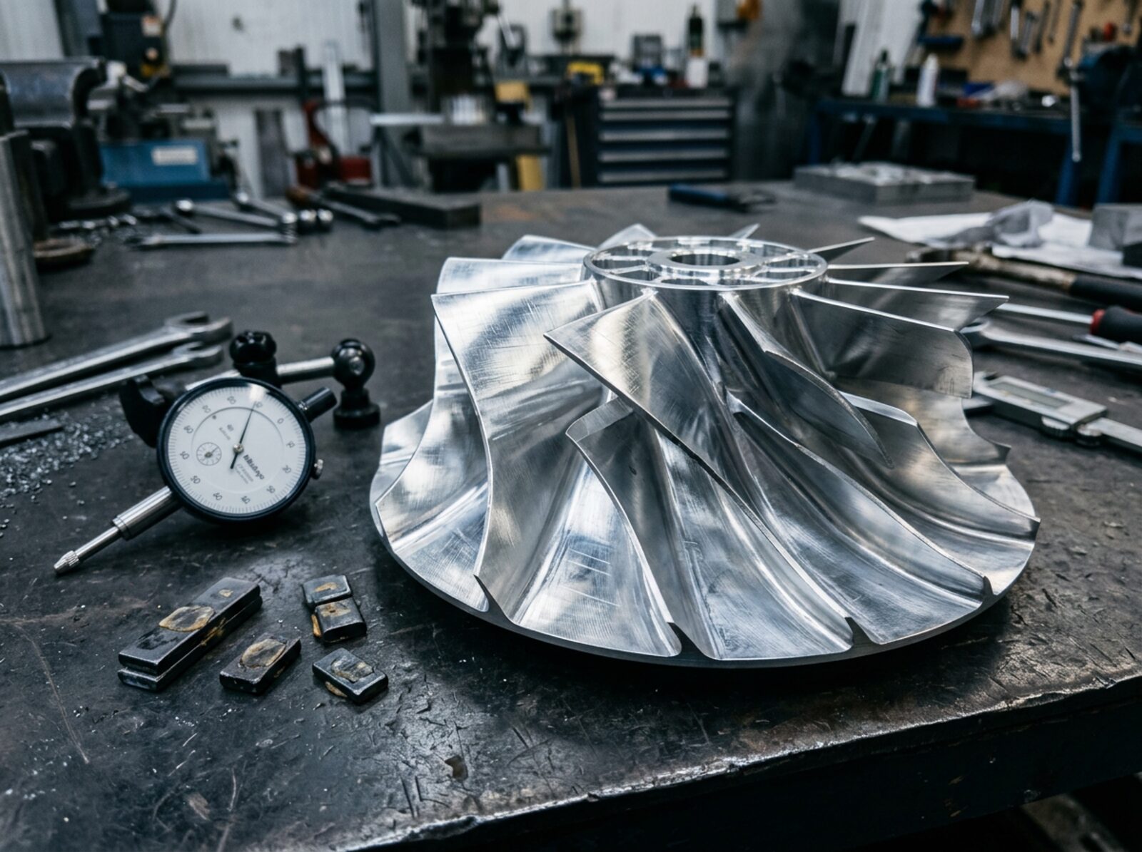 A machined aluminium axial impeller on a workbench with a dial gauge and balancing weights beside it