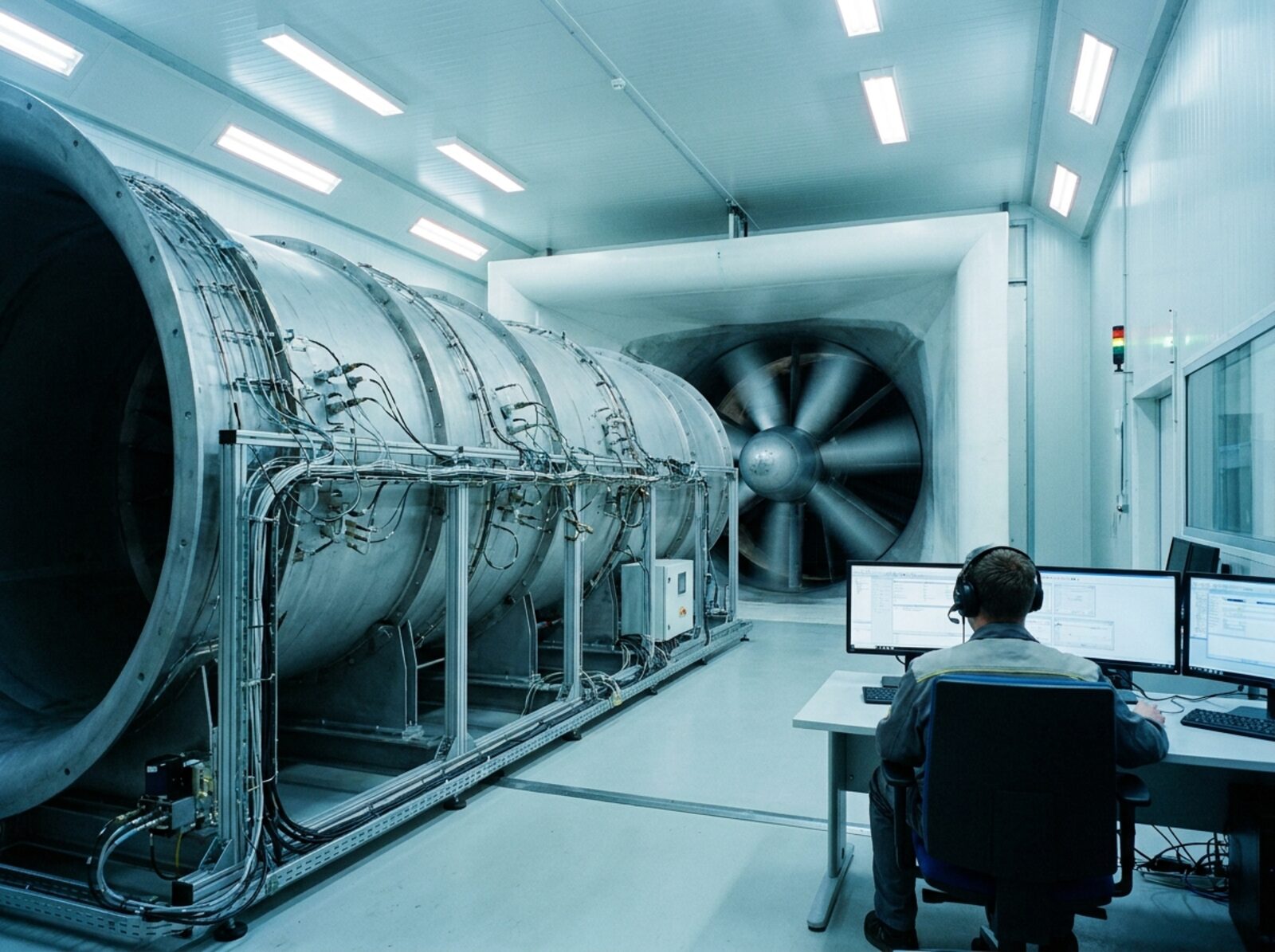 A ducted aerodynamic test rig with instrumentation cabling and a monitoring station in the foreground