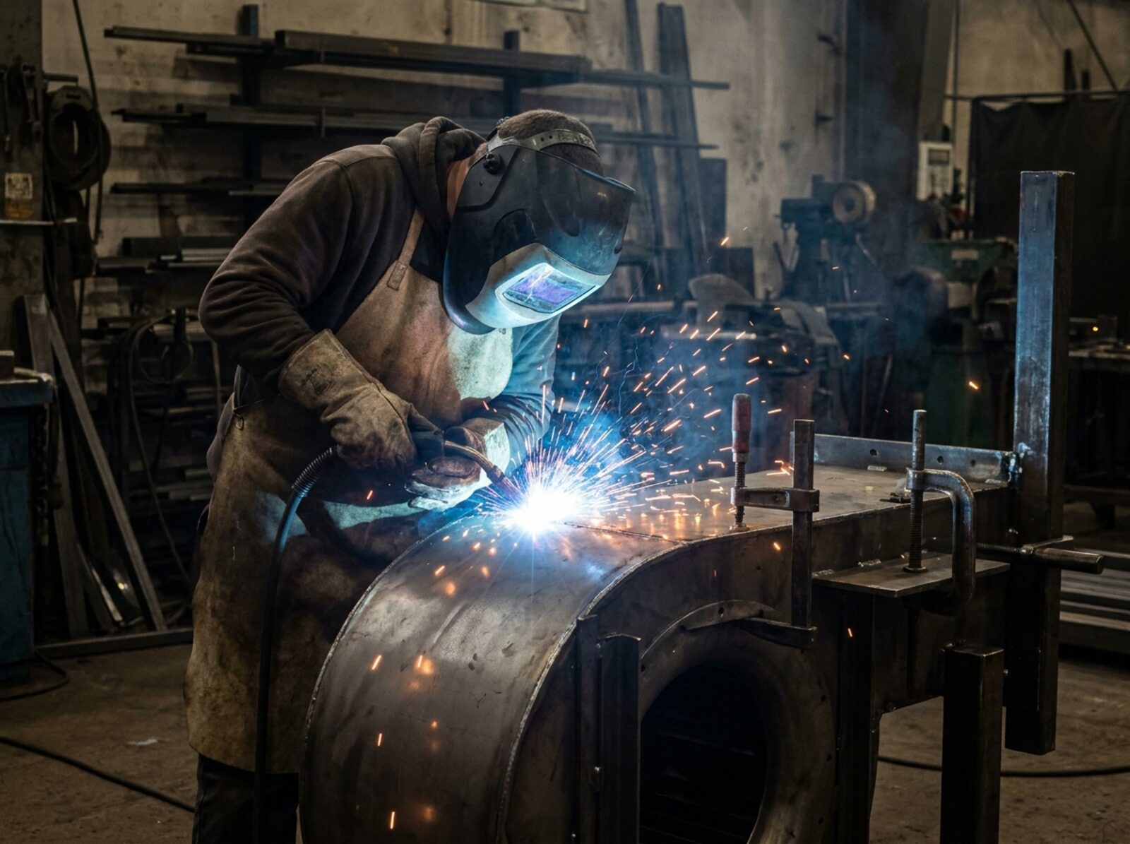 A welder fabricating a curved steel fan casing clamped in a jig, sparks and arc light in a dark workshop